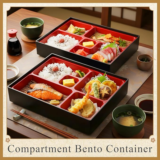 Teenyyou 2 Pcs 12 x 9.5 x 2.2 Inch Japanese Bento Box 5 Compartments Divided Lunch Box with Greaseproof Adult Japanese Bento Lunch Container Sushi Home Restaurant