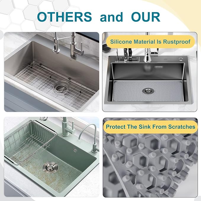 Bestjing Silicone Sink Protectors for Kitchen Sink with Center Drain, 26'' x 14'' Kitchen Protector Accessory, Non-Slip Grid Mat for Bottom of Farmhouse Porcelain Stainless Steel (Center Hole)