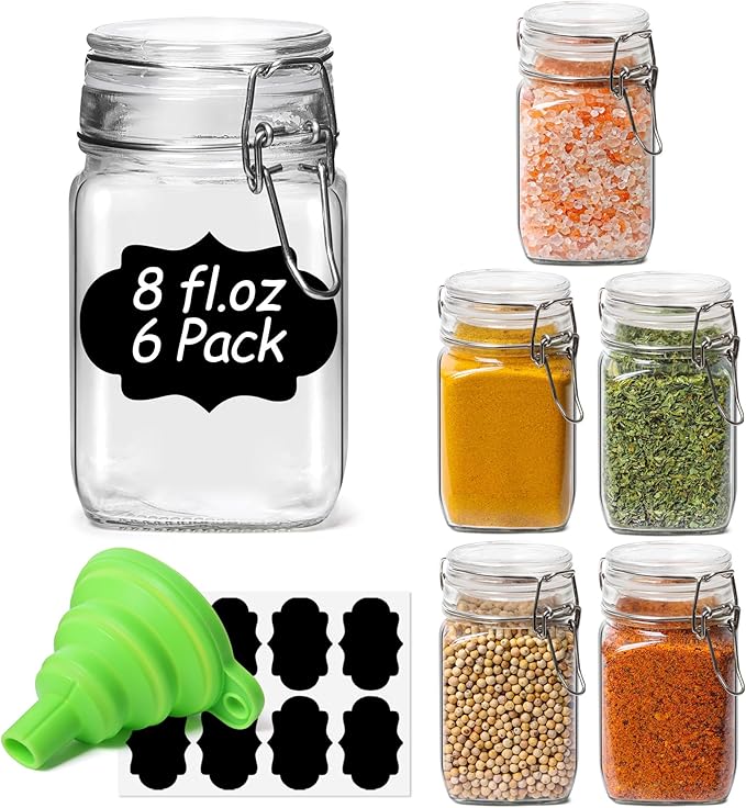 ComSaf Set of 6 Square Glass Jars with Airtight Lids (8 Oz), Pantry Canisters for Spices, Jams, & Herbs, Wire Clamp Jar for Overnight Oats, Pickling, Favors, Includes Labels & Funnel