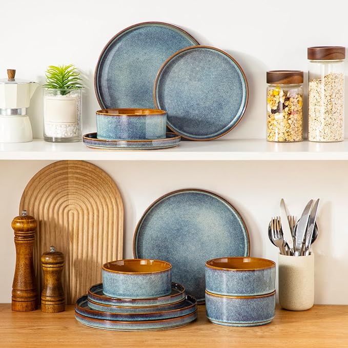 vancasso ONION Ceramic Dinnerware Sets, 12 Pieces Stoneware Plates and Bowls Sets for 4, Reactive Glaze Dishes Set for Kitchen, Dishwasher and Microwave Safe, Blue