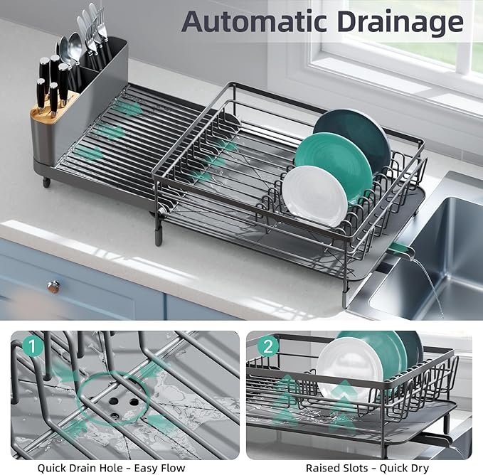 Urackify Large Dish Drying Rack, Expandable Dish Racks for Kitchen Counter, Multifunctional Dish Drainer with Utensil Holder & Cup Holder, 18.5"-26.7" L x 12.7" W, Gray