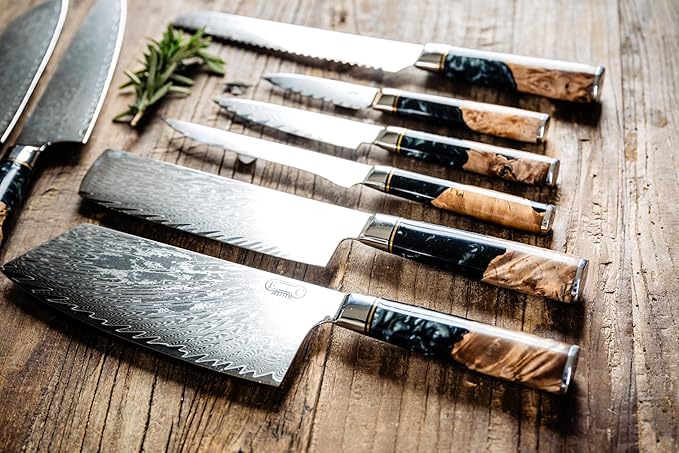 Epicurean Cook Tidal Collection 8 PCS Damascus Knife Set Japanese Kitchen Knives with VG10 Steel Core Ultra-Sharp Professional Chef Knife Set with Elegant Box and Black Resin and Burl Wood Handles