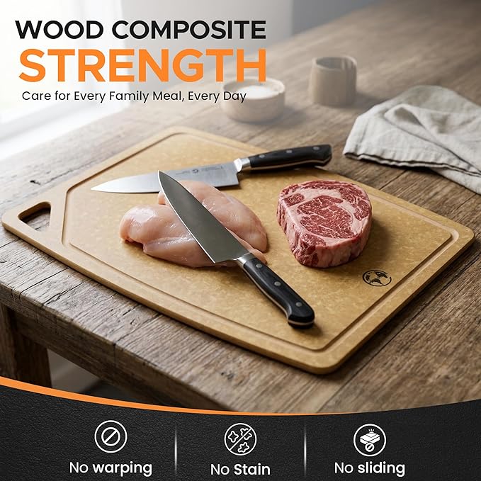 Composite Wood Cutting Board Set of 3 – Dishwasher Safe, Non-Toxic & Plastic-Free Cutting Boards for Kitchen – Large, Medium & Small Non-Slip Wood Charcuterie & Chopping Boards (Tan/Juice)