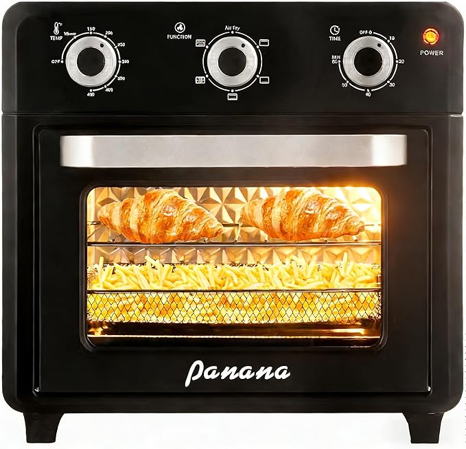 Panana Compact Airfryer Toaster Oven, 1400W 21QT with 6-in-1 Multifunctions and Wide Temperature Range, Air Fryer Oven with 60-Minute Timer/Auto-Off, Stainless Steel Countertop Oven (Black)