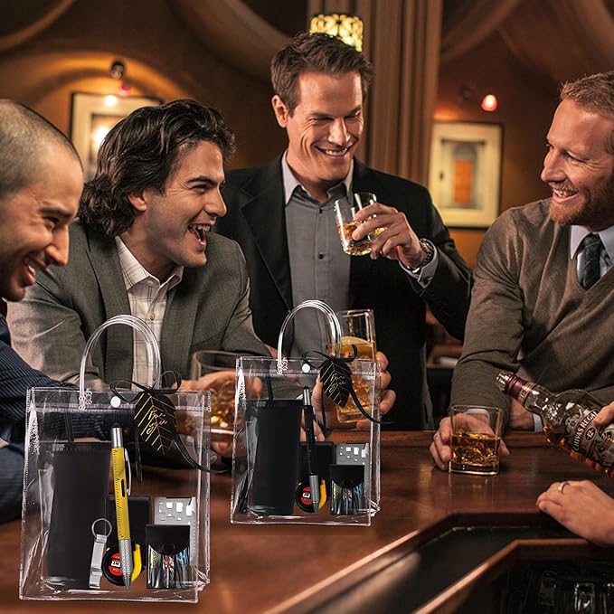 Baby Shower Prizes for Men - 6 Pack Complete Game Prize Set for Dad & Male Guests - Includes Survival Card Tool, Tape Measure, Bottle Opener Keychain, Plastic Cups, Pen, Screwdriver & Gift Bags