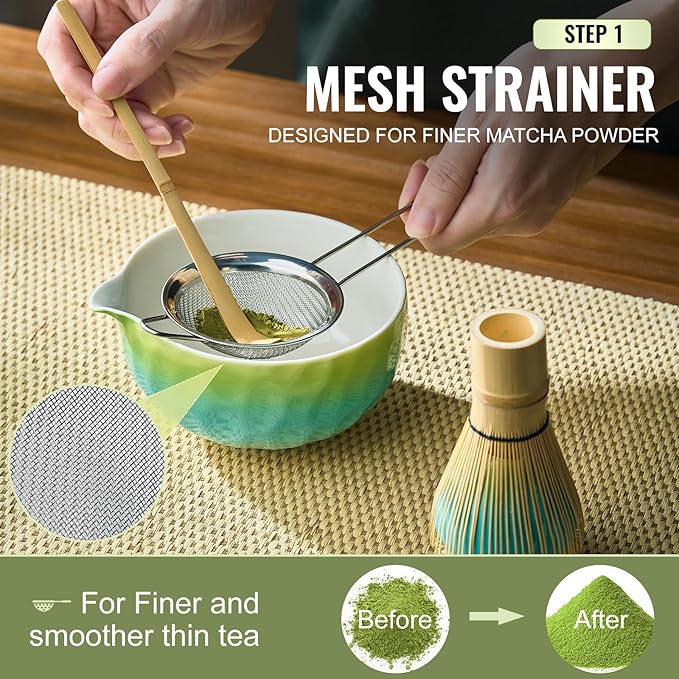 Matcha Whisk Set 7 Pcs, Matcha Kit with Bowl, Whisk and Holder, Bamboo Scoop, Scoop Rest, Sifter & Tea Towel, matcha Tea set Gifts for Matche Lovers Making Latte Breakfast