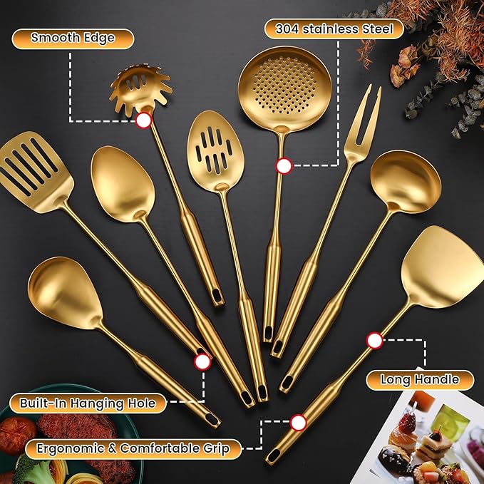 9 Pcs 304 Stainless Steel Utensils Set with Wood Handle Metal Cooking Tool Spatula, Solid Spoon, Slotted Spoon, Fork, Ladle, Skimmer, Slotted Spatula Spaghetti(Gold,Stainless Steel)