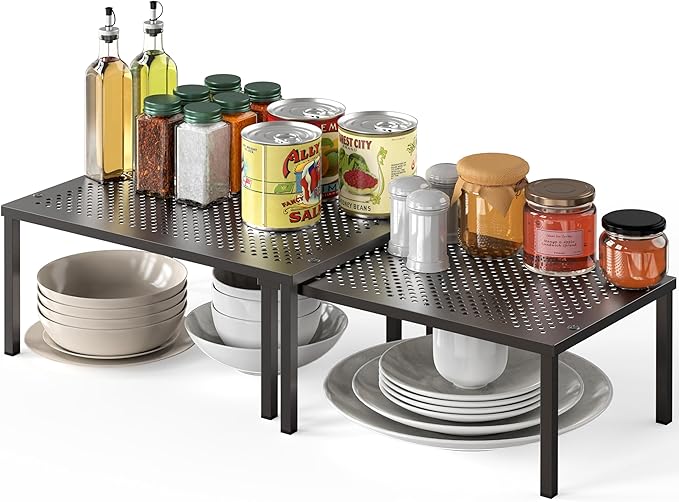 Simple Houseware Expandable Stackable Cabinet and Counter Shelf Organizer with Steel Surface, 9" D x 12.75" W x 5.9" H, Bronze