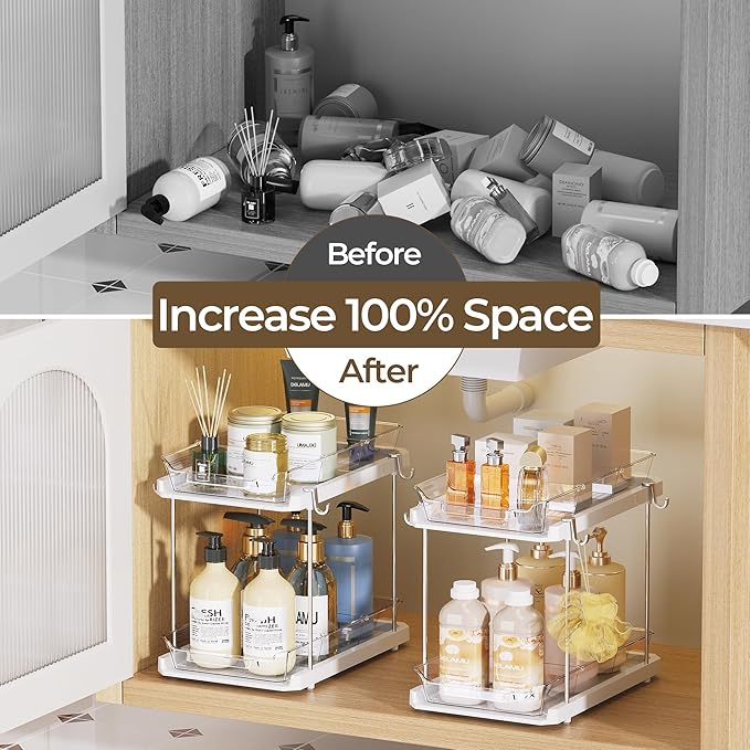 Delamu 2 Tier Bathroom Under Sink Organizers and Storage with Hook, Multi-Purpose Cabinet Drawers with Movable Dividers, Pull Out Organization for Countertop, Kitchen and Pantry(White, 4 Pack)
