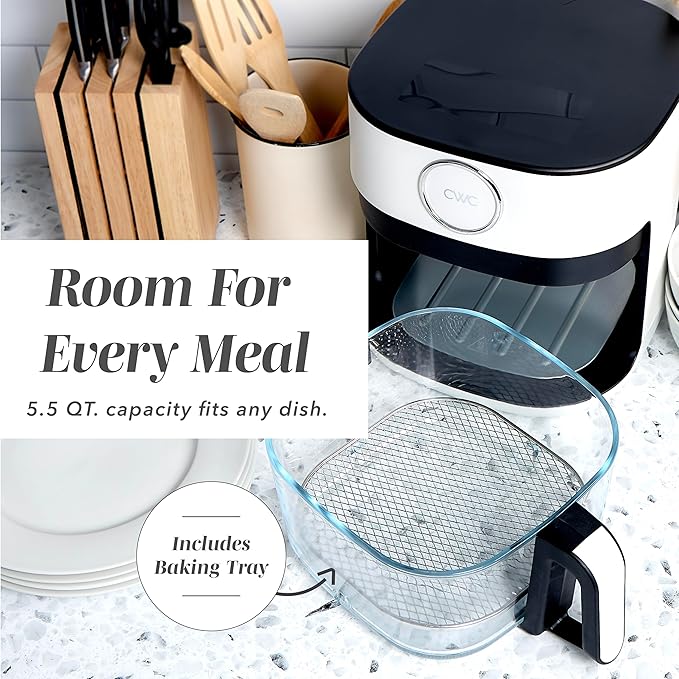COOK WITH COLOR 1400W 5.5Qt Digital Kitchen Air Fryer with Glass Basket, 8 Presets Healthy Cooking Options, Bake, Fry, Reheat, 60-Min Timer, Adjustable Temperature Control 175°F–400°F, Linen White