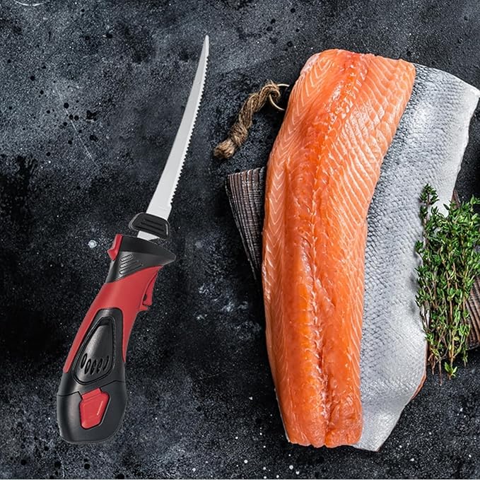 Cordless Electric Fillet Knife - 8-Inch Serrated Stainless Steel Blades with Non-Stick Coating, Ergonomic Non-Slip Handle, Cooling Vent, and Portable Carry Bag – Rechargeable Electric Knife for Effortless Fishing Filleting (8in-Blade Set)