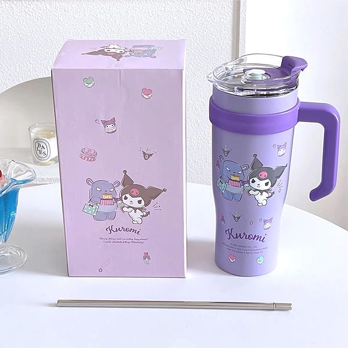 Kuromi Devil Stainless Steel Insulated Tumbler with Lid, Straw & Handle 1200ml - XL Size, Purple