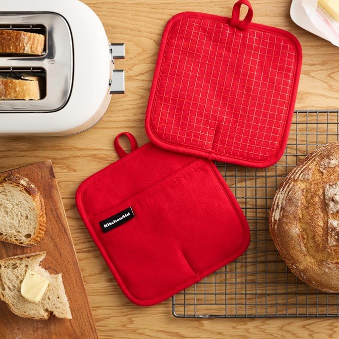 KITCHENAID Gourmet Series Gridlines Pot Holders 2-Pack Set, Heat Resistant up to 600°F, Soft Silicone Grip, Magnetic Cuff, Passion Red, 8"x8"