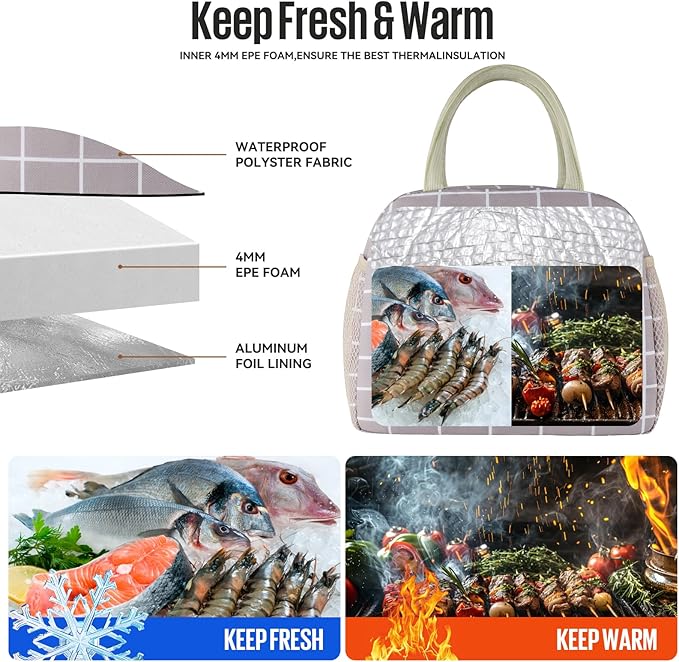 douyadady Lunch Bag Women/Men Lunch Box Women/Men (Grey+White Blocks)