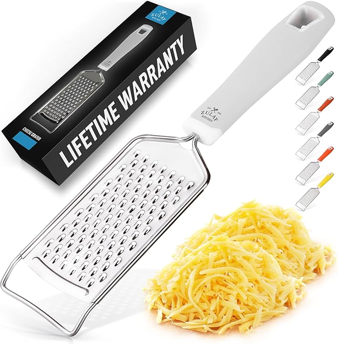 Zulay Kitchen Professional Cheese Grater Stainless Steel - Durable Rust-Proof Metal Lemon Zester Grater With Handle - Flat Handheld Shredder for Parmesan, Chocolate, Spices, And More - White