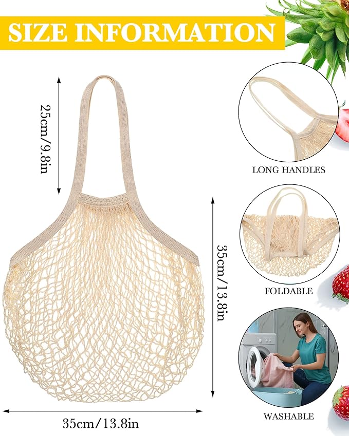 Woanger 24 Pcs Reusable Cotton Mesh Produce Shopping Bags Long Handle Washable Grocery Net Portable Fruit and Vegetable Cotton String Bags Beige Net Tote Organizer