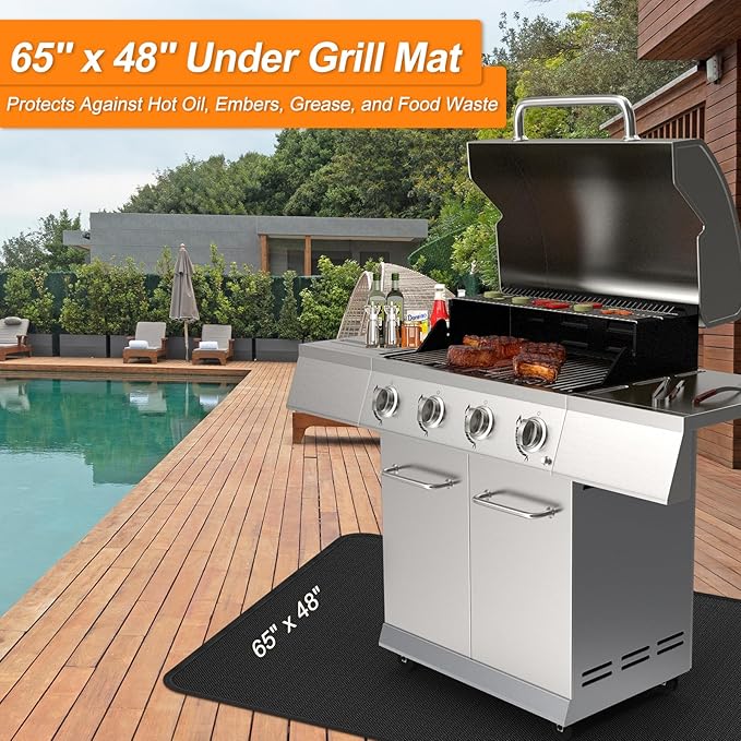 65 x 48 Inch Under Grill Mats for Outdoor Grill, Fireproof & Heat Resistant Fiberglass Deck Protector, Waterproof & Oil-Proof BBQ Floor Pad for Deck, Patio, Grass – Easy Clean, Reusable