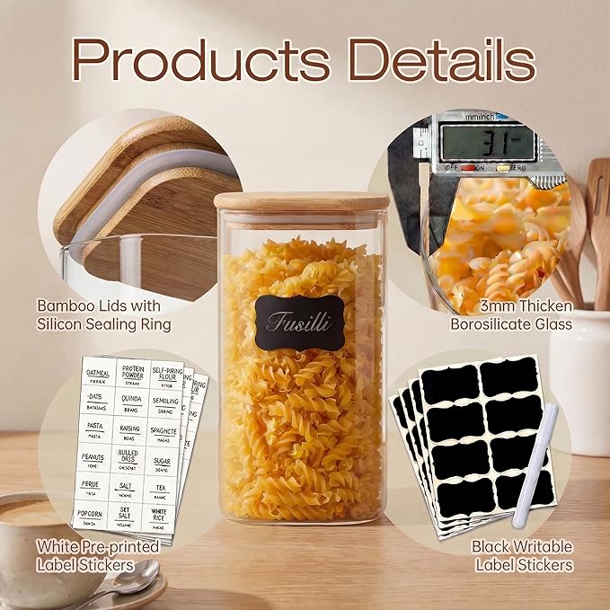 42oz - 4 Pack Square Glass Jars with Bamboo Lids, Glass Food Storage Containers with Airtight Lids for Kitchen, Air Tight Pantry Storage Containers for Cereal, Pasta, Rice, Sugar, Coffee, Spice