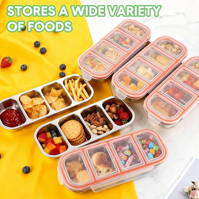 6 Pcs Stainless Steel Snack Containers with Leak Proof Lids, 4 Compartments Metal Bento Lunch Box, Reusable Stackable Divided Food Storage Containers for Meal Prep Daycare, Work