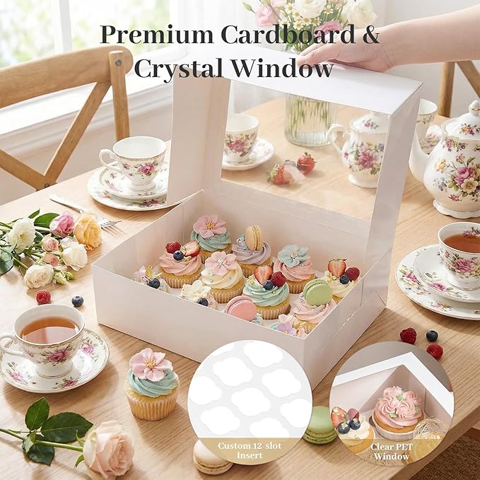 VGOODALL 12 Count Cupcake Boxes, 12PCS Cupcake Holder with Window White Pastry Boxes for Birthday Holiday Party Bakery Supplies