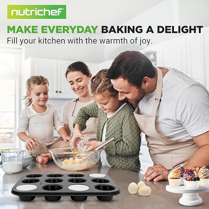 NutriChef Muffin Pans for Baking 4-Pack | Nonstick 12 Mold Cupcake Tins | Carbon Steel Stackable Cup Cake Trays | Dishwasher & Oven Safe | Includes 200 Parchment Paper Liners | 13 x 10 x 1 | Black