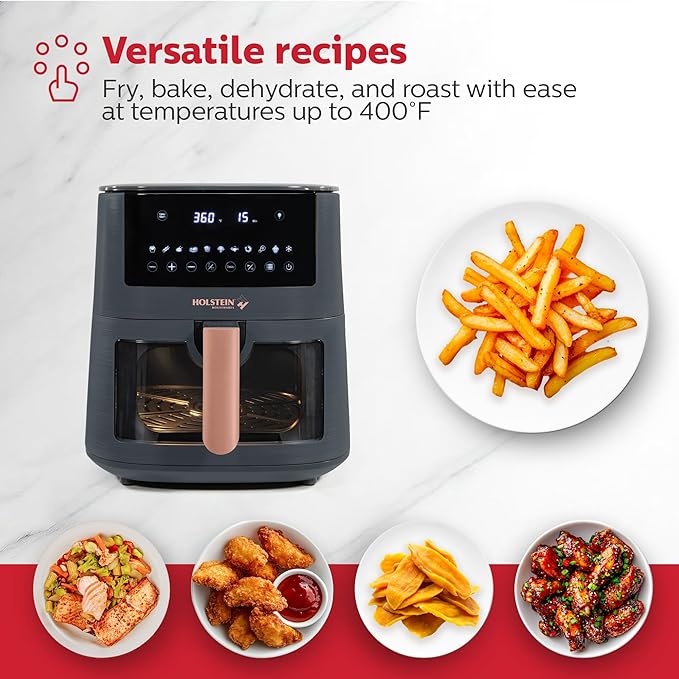 Holstein Housewares 7.6 QT Digital Air Fryer 8-in-1 with Hot Air Technology, Family Size, Viewing Window & Led Display. Air Fry, Bake, Grill, Dehydrate & Roast, Less Oil Use for Healthier Meals