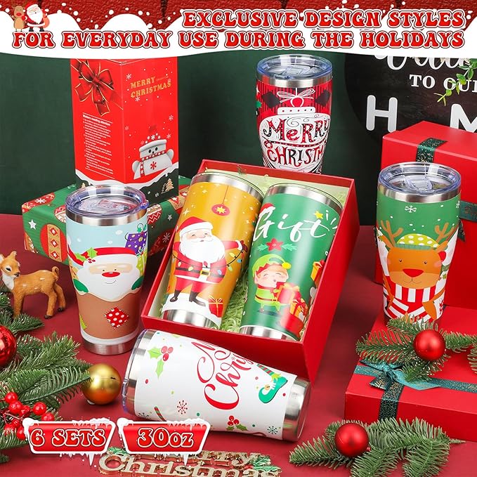 Mifoci 6 Pcs Christmas Tumblers 30oz Stainless Steel Christmas Travel Coffee Cup Double Insulated Vacuum Tumbler with Lid Straw Santa Claus Holiday Mug Gifts for Coworker Team Teacher(Classic)