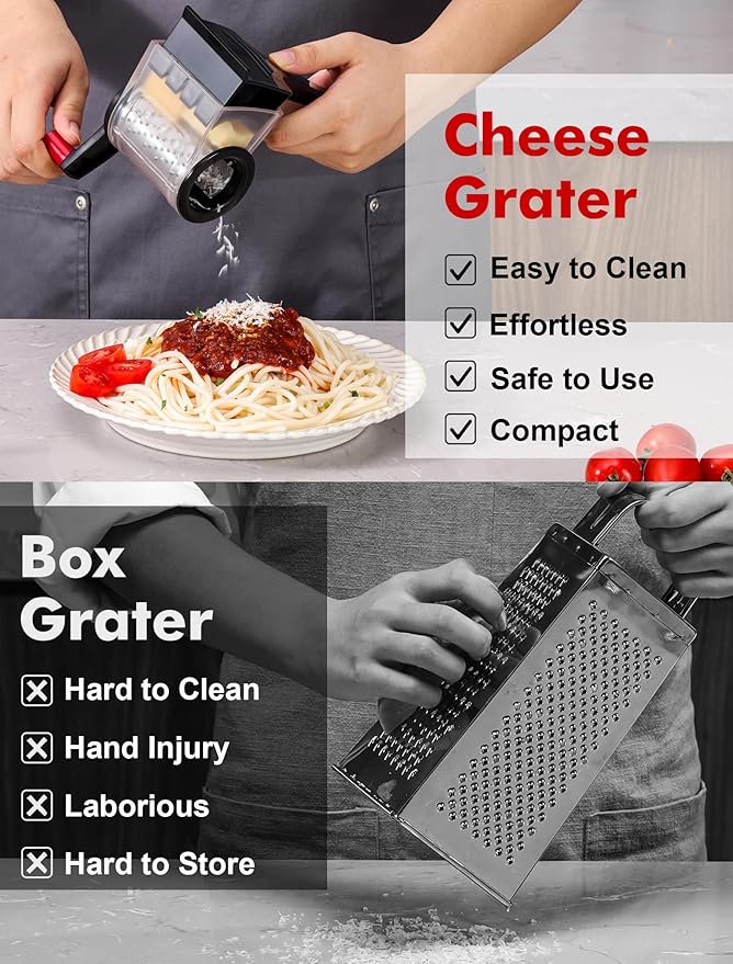 GDL Cheese Grater with Handle, Compact Parmesan Cheese Grater for Kitchen, Dishwasher Safe Parmesan Grater with Stainless Steel Blade for Cheese, Nuts, Chocolate and More, Black