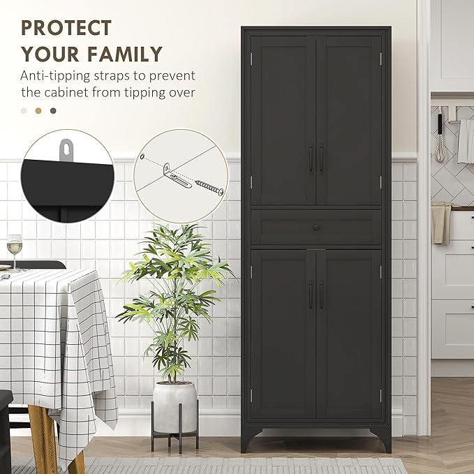 HOMCOM 67" Tall Freestanding Kitchen Pantry Cabinet, 4-Door Storage Cabinet with Drawer and Adjustable Shelves for Dining Room, Black