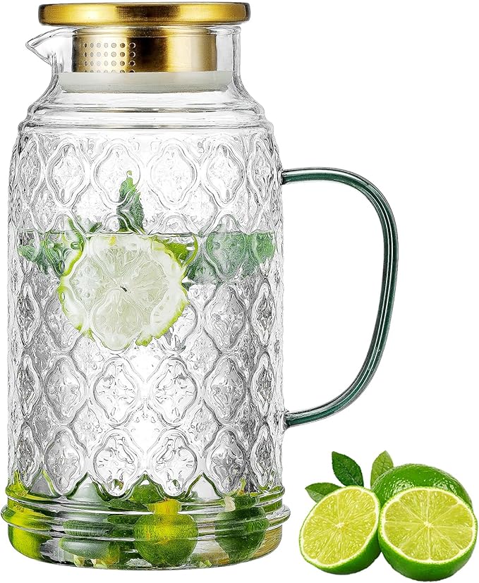 Buaic Glass Pitcher with Lid,84 oz/2.5 Liter Vintage Water Pitcher, Clear Borosilicate Glass Water Carafe for Cold Brew, Coffee, Lemonade, Iced Tea, Juice, Beverage, Heat Resistant Water Glass Jug