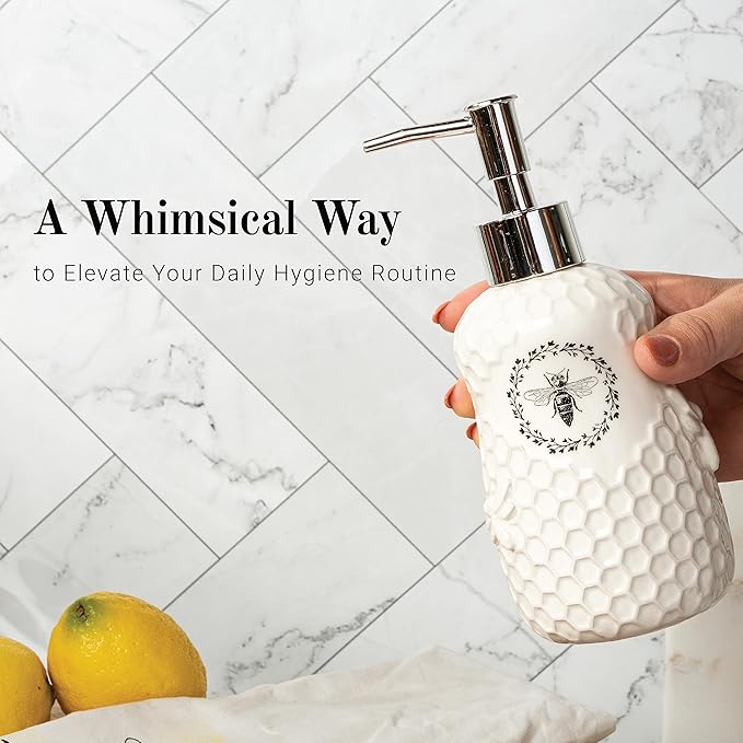 Young's Inc. Ceramic Honey Bee Soap Dispenser for Bathroom and Kitchen - White