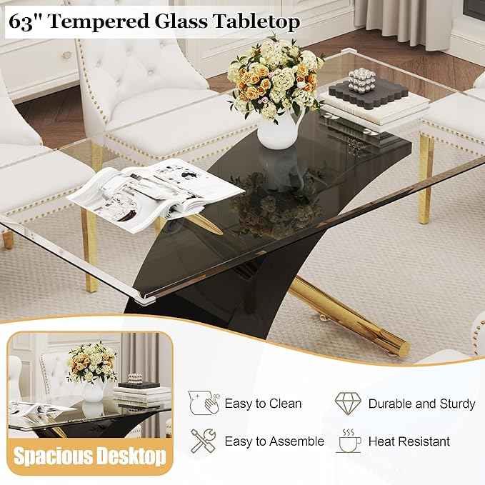 7 Piece Glass Dining Table Set for 6, 63" Modern Kitchen Table with 6 White Velvet Chairs, Tempered Glass Tabletop with Black X-Shaped MDF Base, Modern Dining Room Set for Kitchen and Dining Room