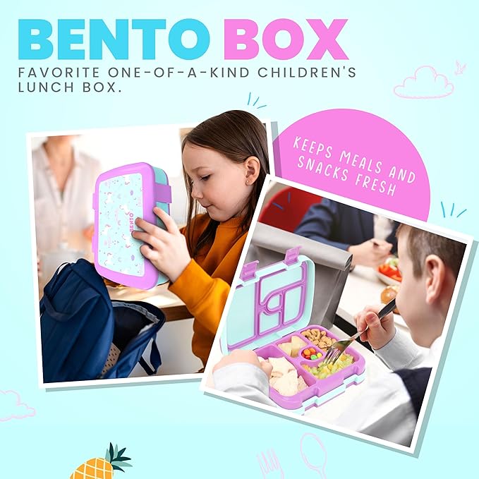 YOLAY Bento Box for Kids Lunch Box Leak-Proof, 5-Compartment Lunch Box Kids for Ages 3-10, Durable with Anti-Slip Base, Suitable for Schools, Outdoor and Travel (Unicorn)