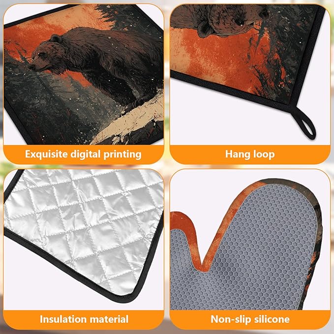Bear Forest Oven Mitts and Pot Holders Sets 4Pcs Silicone Non-Slip Mitts Heat Resistant Gloves Hot Pads for Kitchen Cooking Baking Grilling BBQ