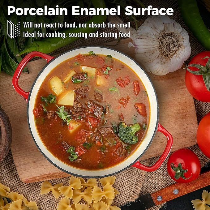 COOKWIN Cast Iron Casserole Braiser, 3.8 Quart Enameled Cast Iron Dutch Oven Pan with Lid, Heavy Duty and Dual Handles Skillet, Oven-Safe Porcelain Surface Casserole Dish, Red