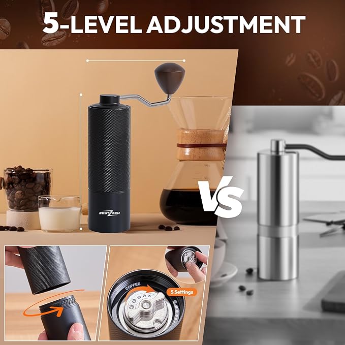 Manual Coffee Grinder with Precision Conical Burr – Adjustable Hand Coffee Grinder with Double Bearings – Stainless Steel Portable Coffee Mill for Espresso, French Press,Travel & Camping