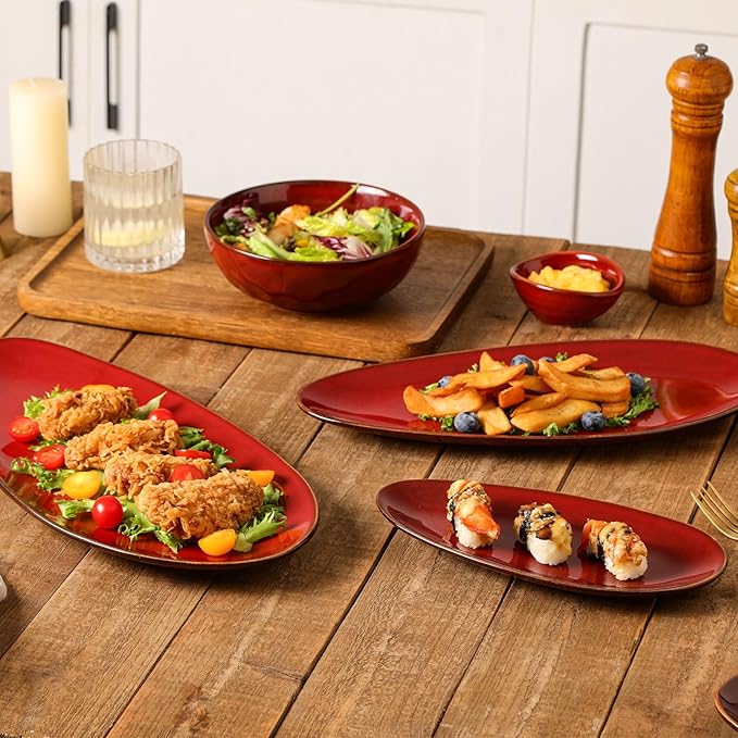 vicrays Large Oval Serving Platters, 16"/14"/10" Porcelain Serving Platters for Party, BBQ,Stackable Serving Trays Serving Plates for Appetizers, Sushi, Restaurant, Set of 3 (Cherry Red)