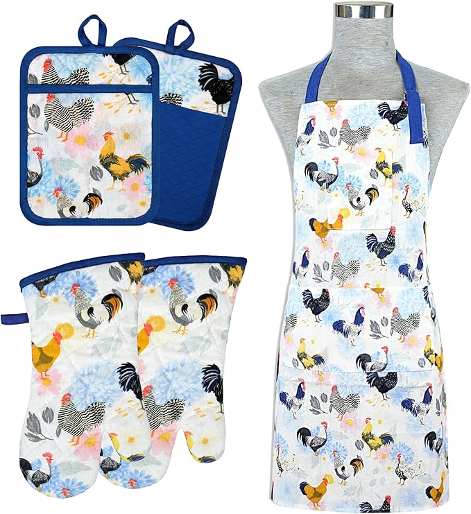 Alselo Oven Mitts and Pot Holders with Chef Apron,Set of 5 Heat Resistant Kitchen Gloves and Silicone Non-Slip Potholders Adjustable Neck Buckle Chef Apron, Cotton Nice Design for Cooking (Rooster)