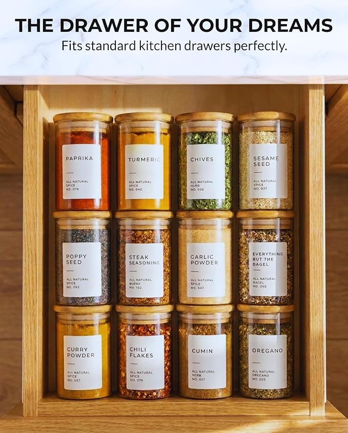 Bloomondo Empty Spice Jars with Label Pack (12x Bamboo Lid Glass Jar). Small 6oz Spice Storage Bottles with 112 Printed Stickers and 48 Writable Pantry Labels for Seasoning Containers