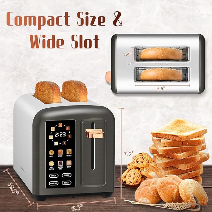 SEEDEEM Toaster 2 Slice with Touch Screen, Faster Heating Speed, 7 Shade Setting, 6 Bread Type, 1.5”Wide Slots Toaster, Removable Crumb Tray, 1350W, Dark Metallic