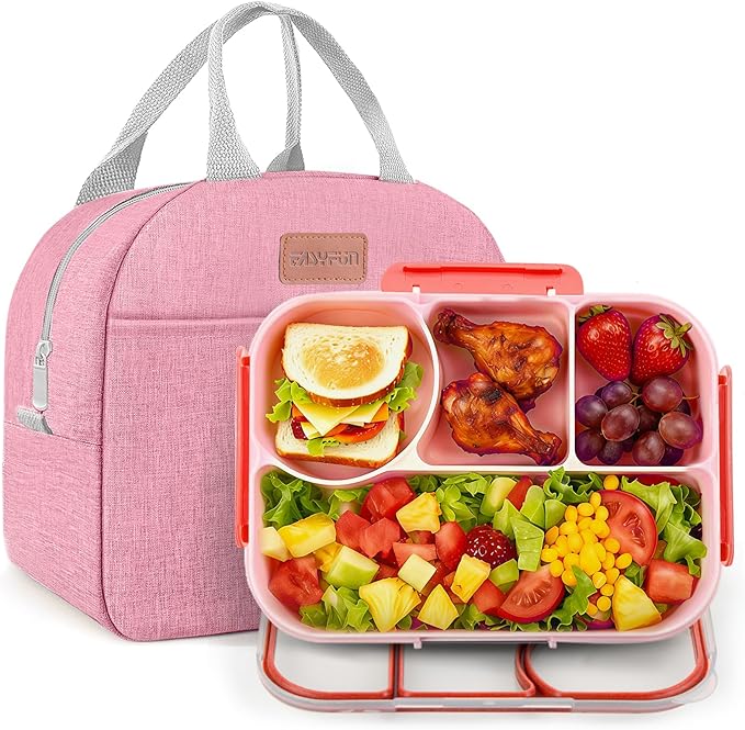 EASYFUN Bento Lunch Box Set Bento Box, 4-Compartment Lunch Containers,High Capacity Lunch Tote Bags for Work, Travel, Outdoor (Pink)