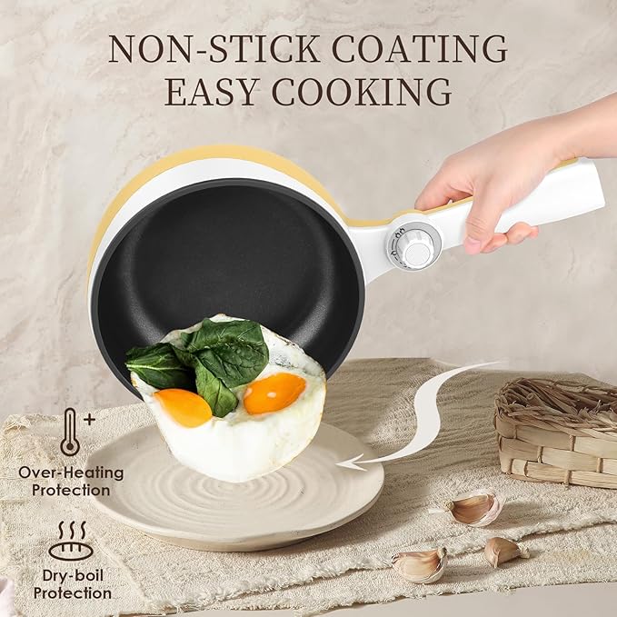 Audecook Hot Pot Electric, 1.7L Mini Electric Skillet Portable Nonstick Sauté Pan with Power Adjustment, Ramen Cooker Travel Multicooker for Steak/Soup/Egg/Oatmeal/Noodles