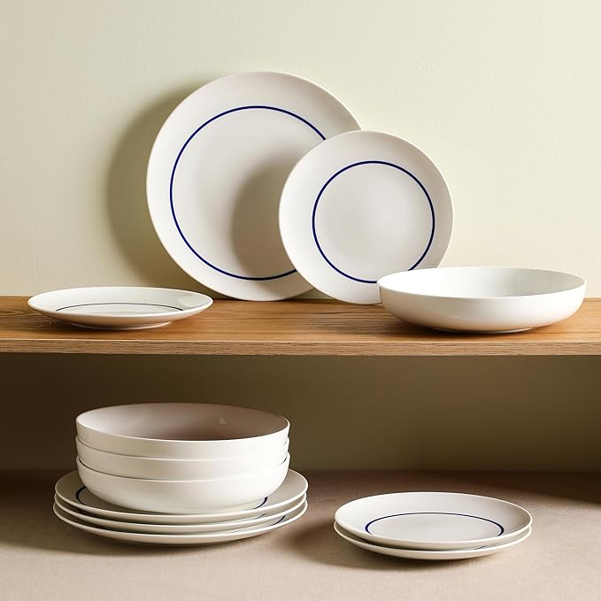Stone Lain Luna 24-Piece Porcelain Dinnerware Set, Plates and Bowls Set, Dish Set for 8, Blue