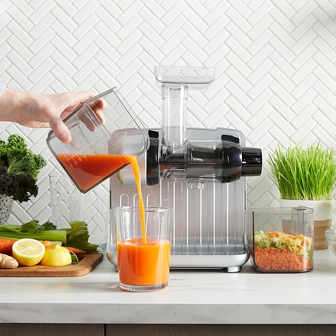 Omega Juicer Cold Press 365 Slow Masticating Vegetable and Fruit Juice Extractor and Nutrition System Makes Nut Milks Baby Food and Sorbets, 80-RPM Slow Juicer with On-Board Storage, 200-Watts, Silver