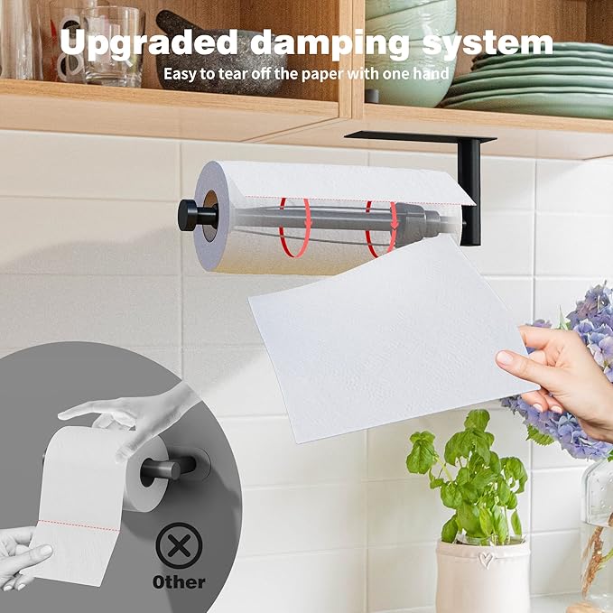 DEKAVA Under Cabinet Wall Mount Paper Towel Holder, Self-Adhesive Bar, Stainless Steel 13 inch (Black)