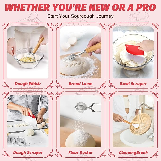 EWFEN Sourdough Starter Kit with Round & Oval Banneton, Complete Sourdough Bread Baking Supplies, Bread Proofing Basket with Starter Jar, Bread Making Tools Kit for Beginners & Bakers
