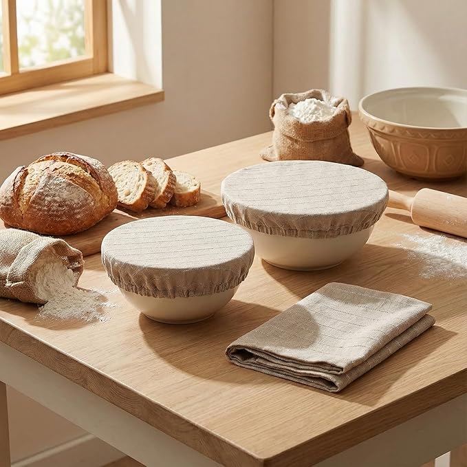 100% Pure Linen Bowl Covers For Bread Proofing, 2 Pcs 8 Inches Elastic Reusable Bowl Covers Large Ticking Striped Cloth Fabric Stretch Sourdough Lids