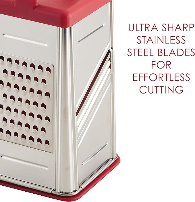 Rachael Ray Tools and Gadgets Stainless Steel Box Grater for Vegetables, Chocolate, Hard Cheeses, and more, Red(9.43 x 8.84 x 8.06 inches)