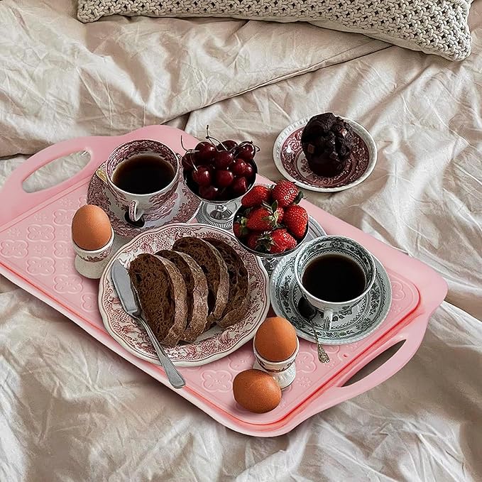 LEHAHA Large Non Slip Serving Tray with Handles, 17.25 x 12 Inch Melamine Serving Platter with Curved Sides, Dinner Tray for Lunch, Coffee, or Breakfast, 4pcs Set, Silicone placemats Included,Pink