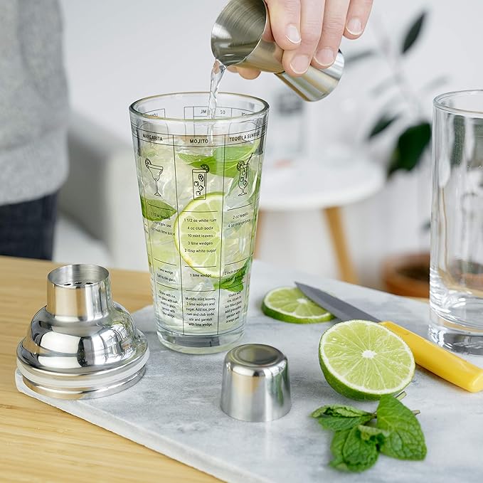 True Glass Cocktail Shaker with 7 Classic Recipes and Measurements for Cold Brew Cocktails, Home Bar Accessories, Bar Tools, Bartender Gifts, Hosting Essentials, 13.5 oz, Set of 1, Clear